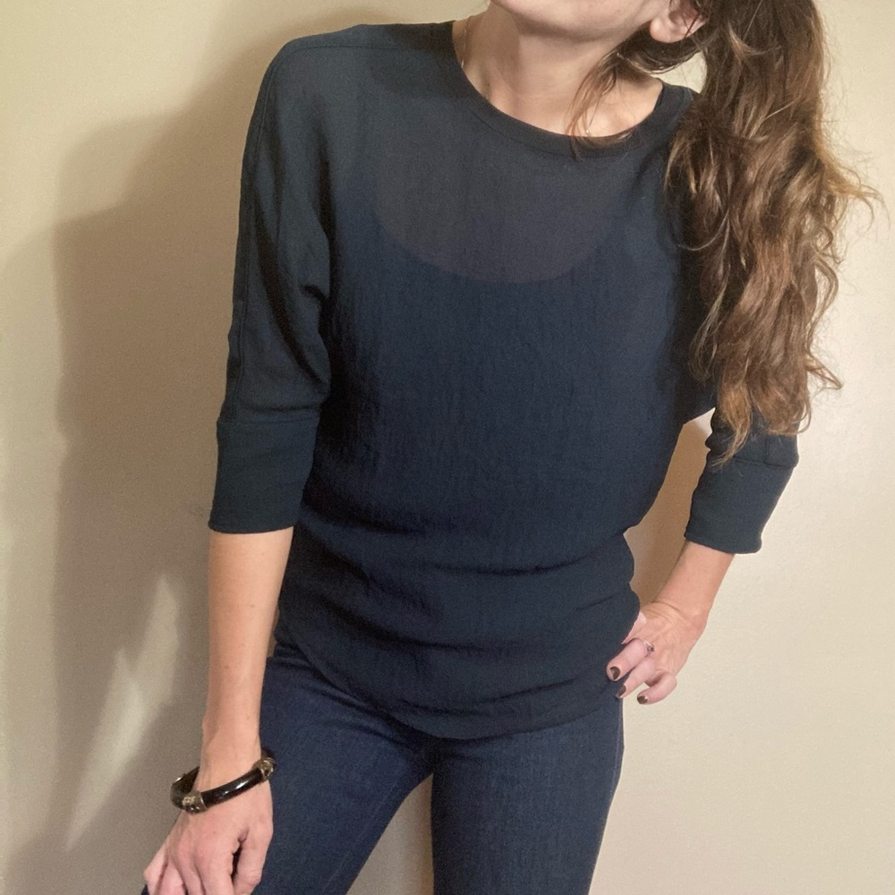Tahari Sheer Black Chiffon Dolman Sleeve Blouse